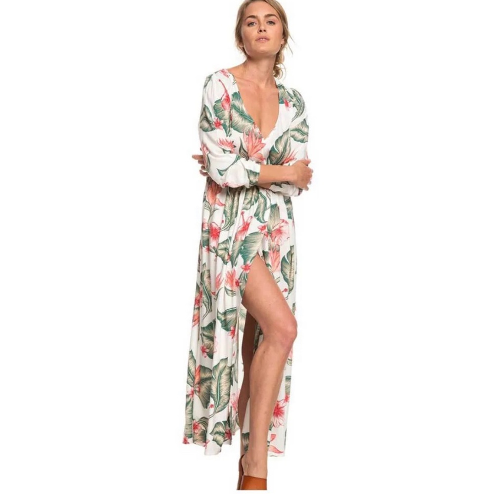 ROXY Taste of Tomorrow Long Sleeve Floral Maxi Wrap Dress Small Tropical Casual - Picture 3 of 16